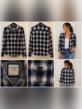 Abercrombie & Fitch Navy and Cream Plaid Utility Jacket